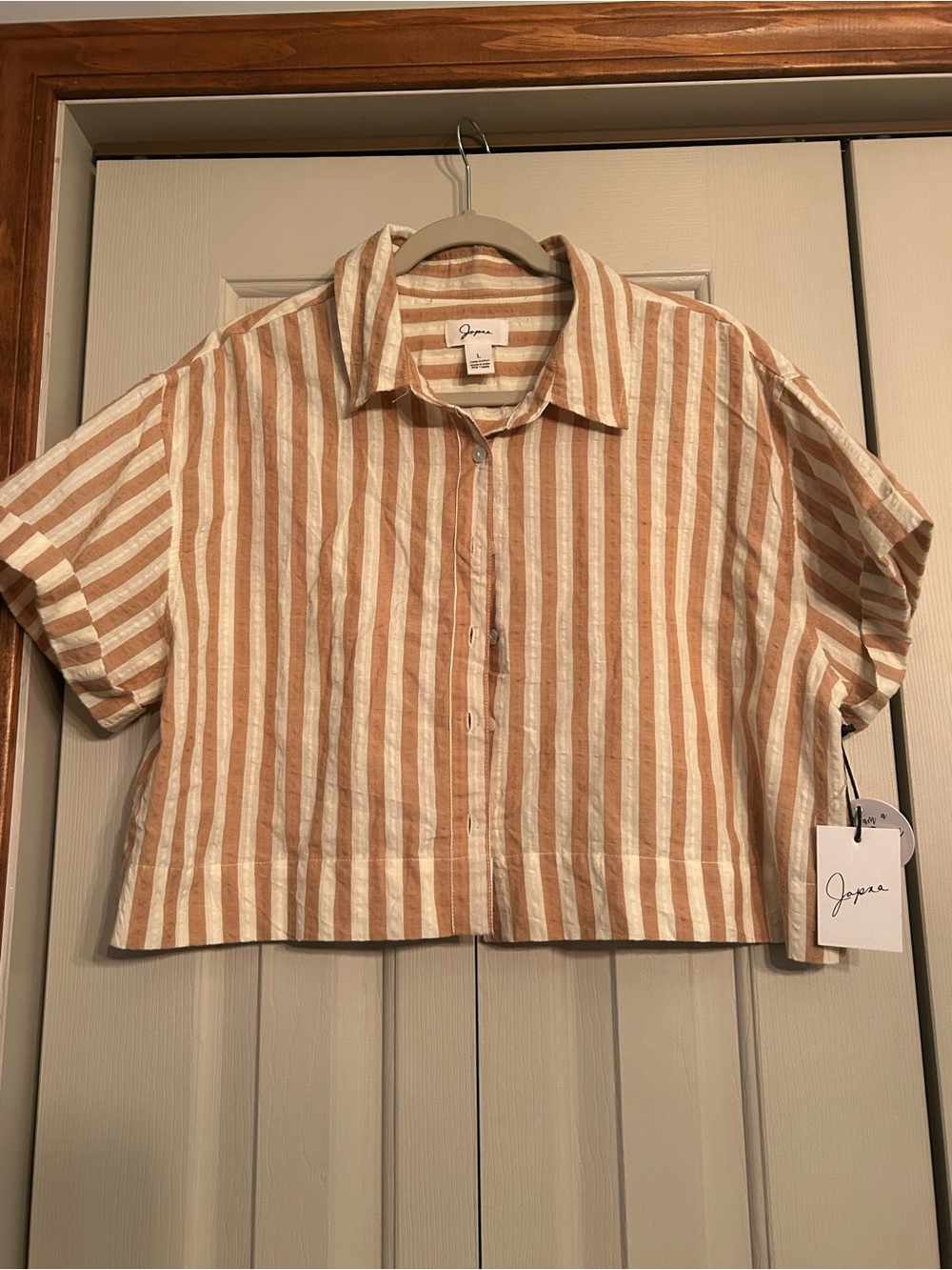 Jopna Cream and Beige Striped Short-Sleeve Button Crop Shirt and Shorts